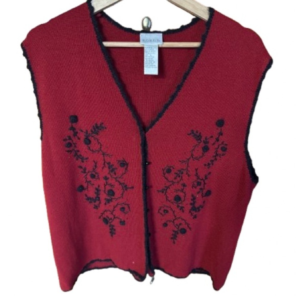 Vintage Koret Elegant Red Cardigan with Black embroidered Detailing
